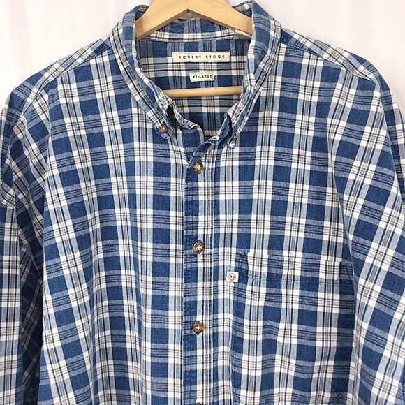 Robert Stock Shirt Mens Size XXL 2XL Blue Plaid Heavy Duty Cotton Button Down - Picture 3 of 4